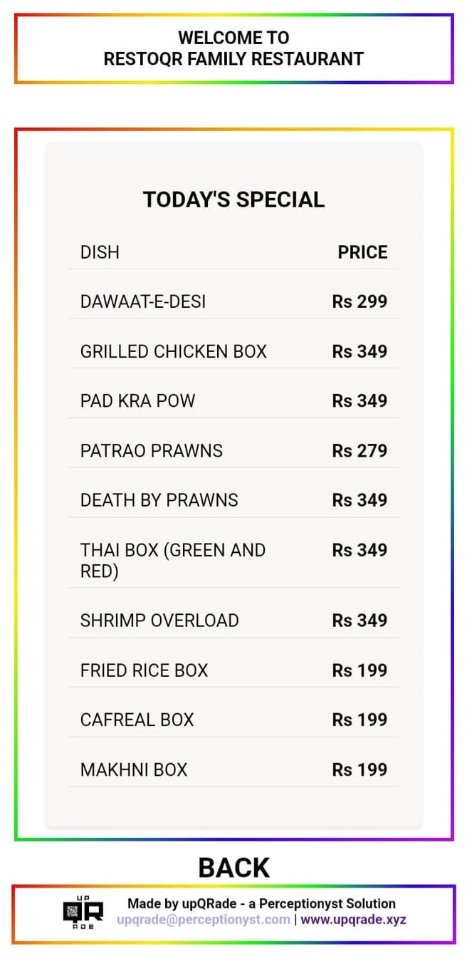 Showcase today's specials or custom menu items using RestoQR by upQRade – QR menu for restaurants